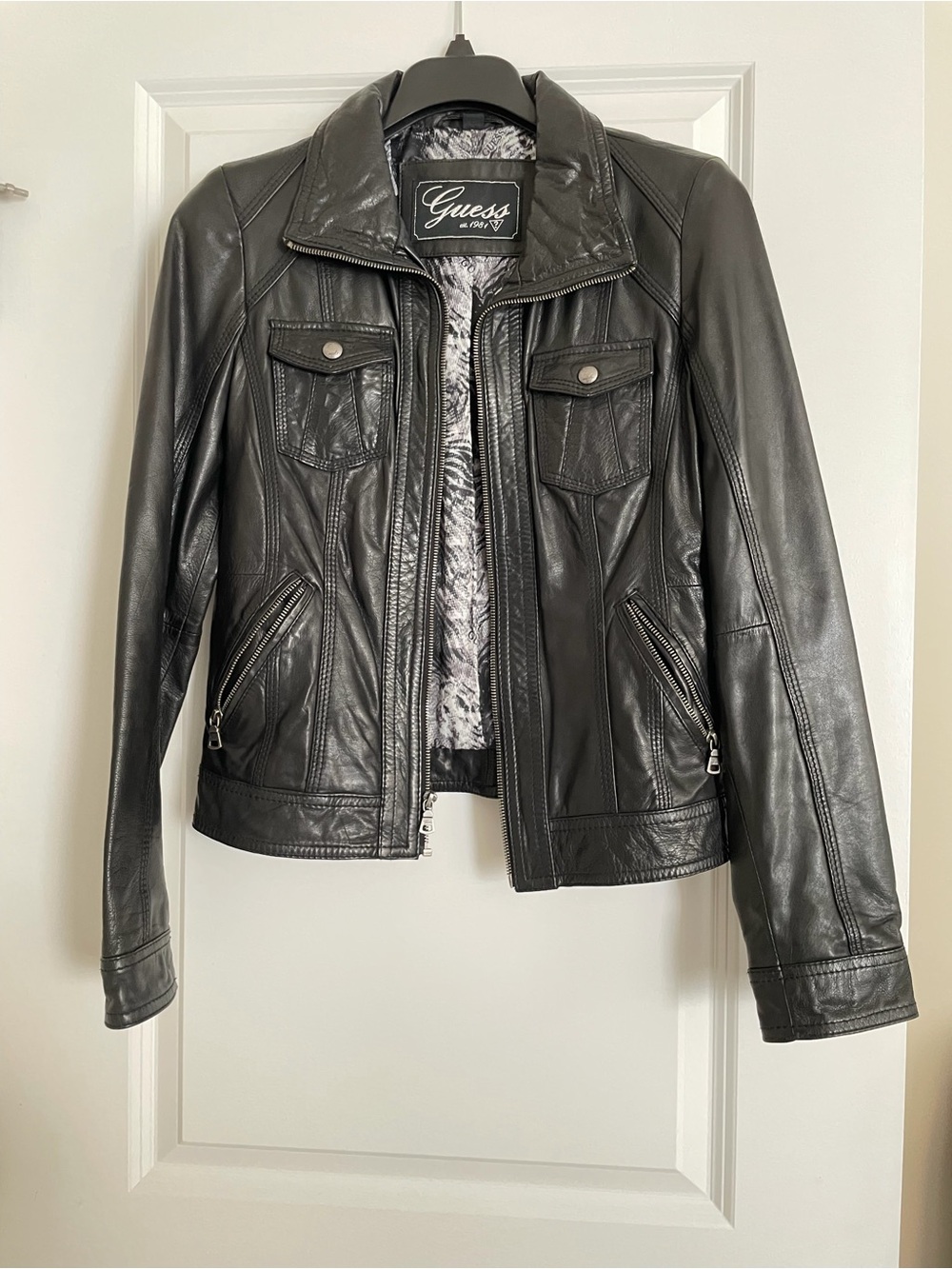 GUESS Black Leather Zip-Front Moto Jacket